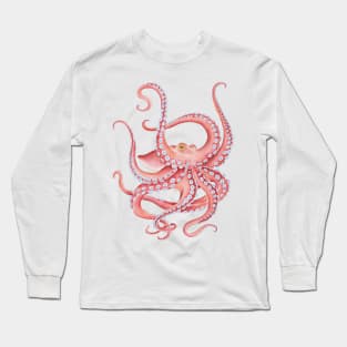 Red Dancing Octopus Watercolor Ink Art Long Sleeve T-Shirt